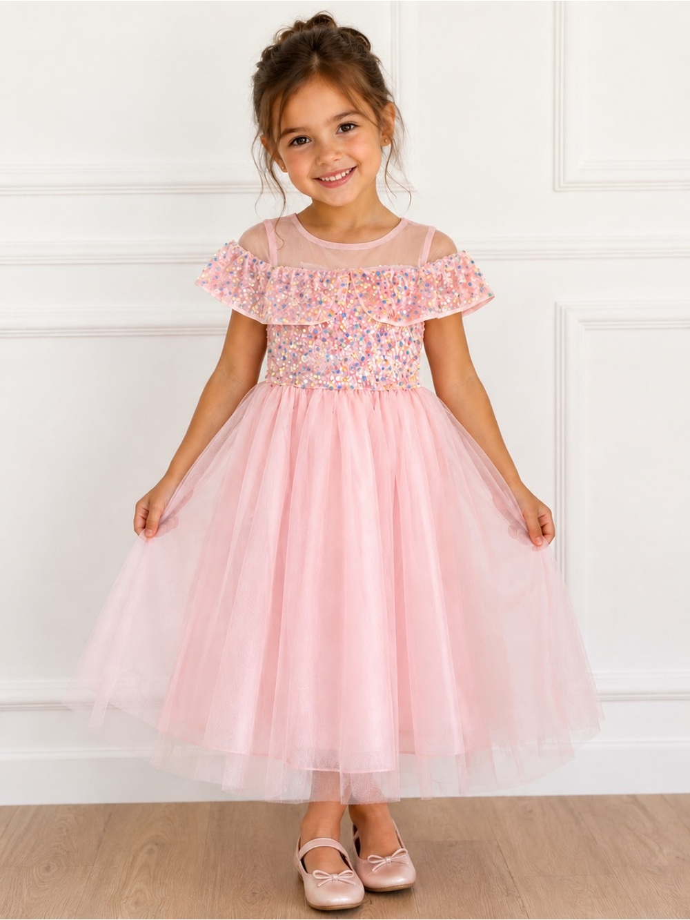 Girls Pink Sequin Tulle Party Dress -